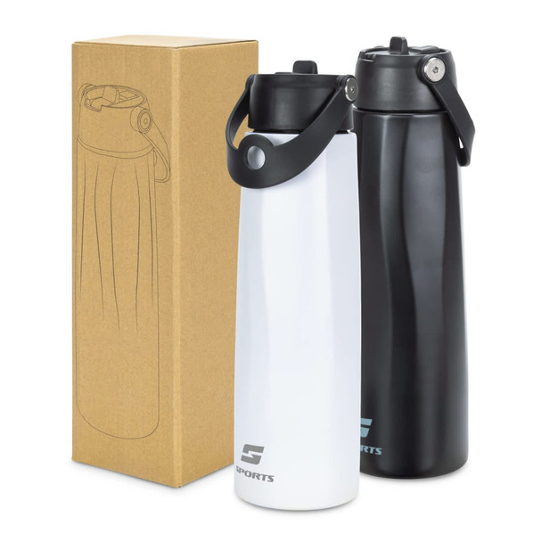 A drink bottle set featuring one white and one black bottle, both with a flip-top lid and a logo. Packaged in a cardboard box.
