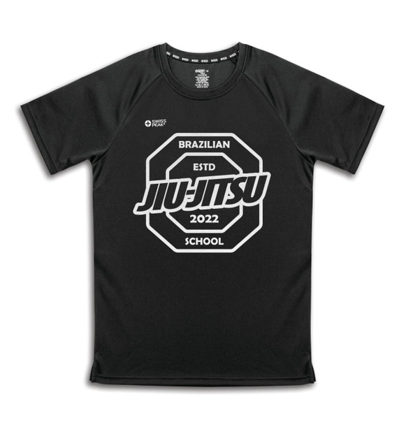 A black unisex T-shirt with a graphic design featuring a logo and text related to Brazilian Jiu-Jitsu.