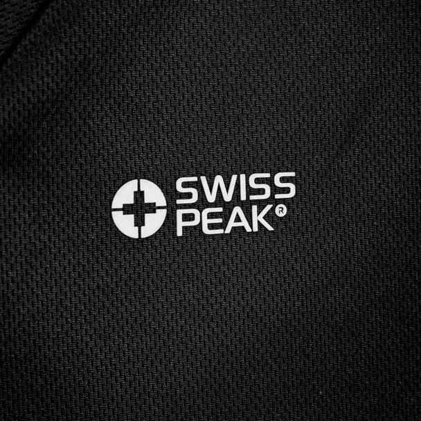 A black unisex T-shirt featuring a logo on the front. The fabric appears textured and breathable.