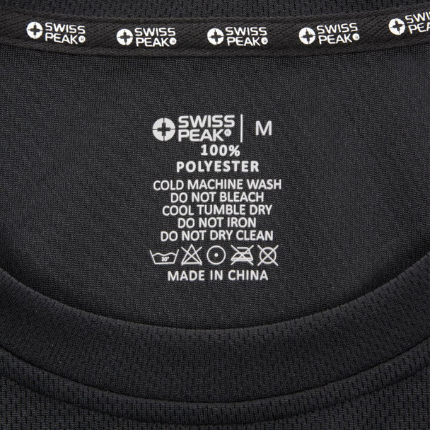 A black unisex t-shirt made from 100% polyester, featuring care instructions and a brand logo inside the collar.