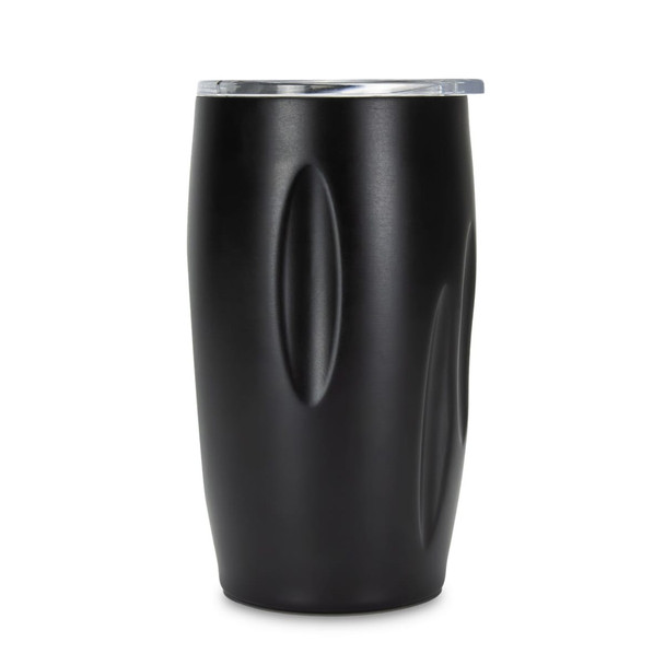 A drink bottle with a sleek black design and a silver lid, featuring an ergonomic shape. Includes branding.