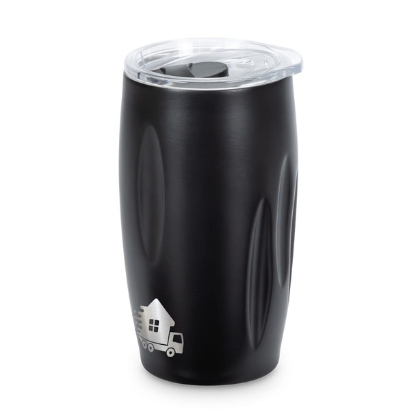 A drink bottle with a matte black finish and a clear lid, featuring a subtle logo design.