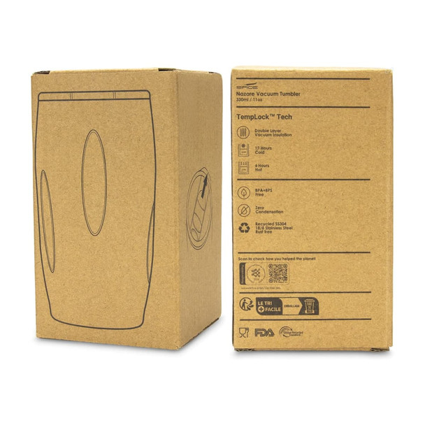 A drink bottle in a cardboard box with a sleek design, featuring an oval shape and a logo on the front.