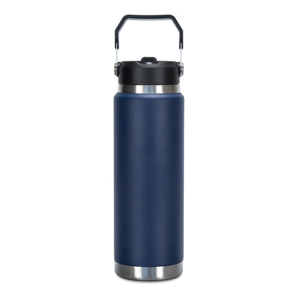 A drink bottle in navy blue with a stainless steel base and a black lid, featuring a handle for easy carrying.
