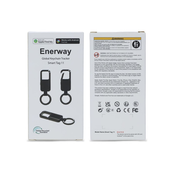 A compact black Bluetooth tracker in a white box featuring a branding logo and a warning label.