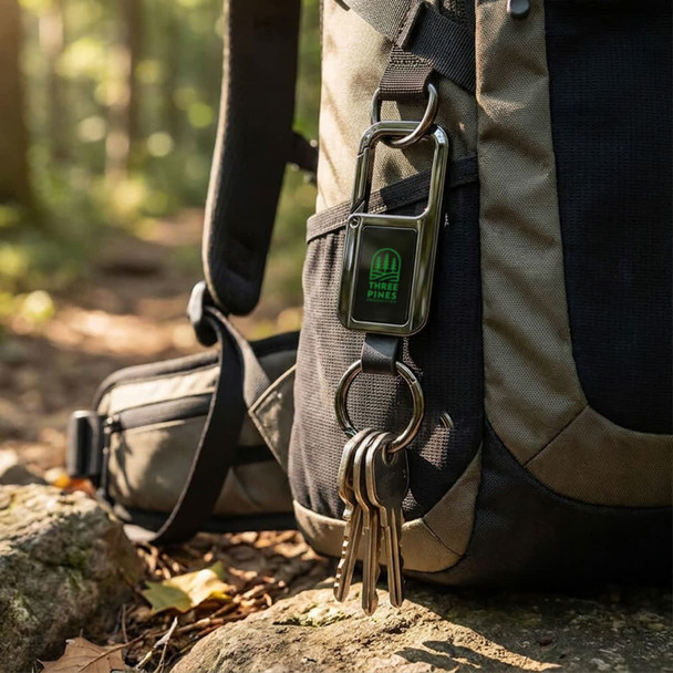 A black and green Smart Tag Bluetooth Tracker attached to a backpack, with keys hanging from it in a forest setting.