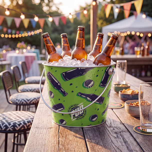 A green ice bucket filled with ice and several bottles, set on a wooden table with a festive outdoor background.