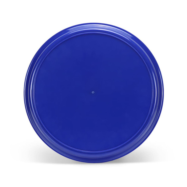 A round serving tray in vibrant blue, featuring a smooth surface and a central dot, with a logo present.