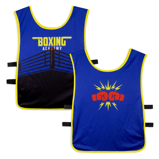 A custom unisex bib in blue with yellow trim, featuring a boxing-themed design and a logo.