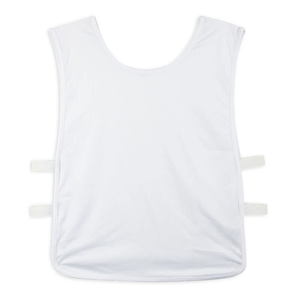 A custom unisex bib in white, featuring adjustable straps on the sides and a plain design.