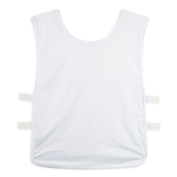 A white unisex bib featuring adjustable straps and a simple design. It includes a logo.