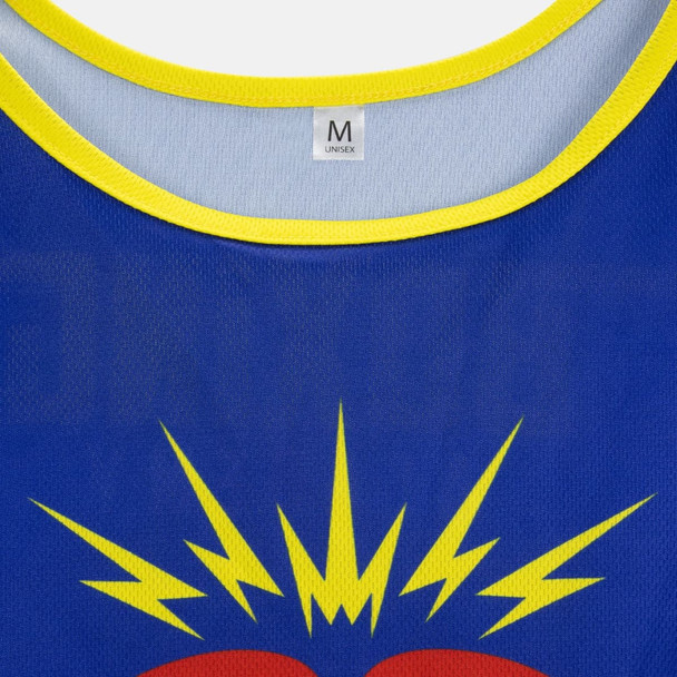 A custom unisex bib featuring a blue design with a yellow trim and a colourful graphic pattern. It includes a logo.