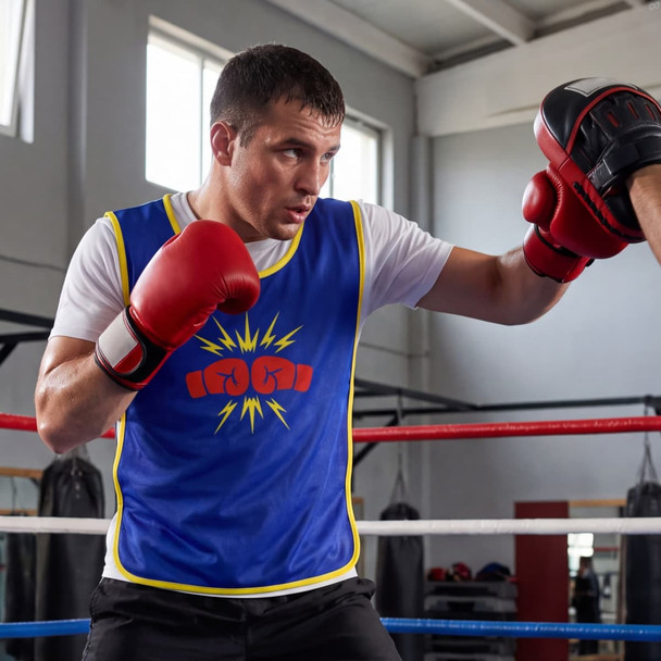 A blue unisex bib with a graphic design, worn by a person in boxing gloves during training in a gym.