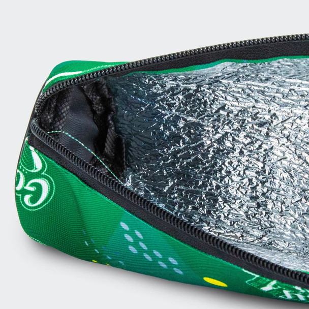 A green cooler sling bag with a shiny insulated interior and a zippered opening, featuring a logo.