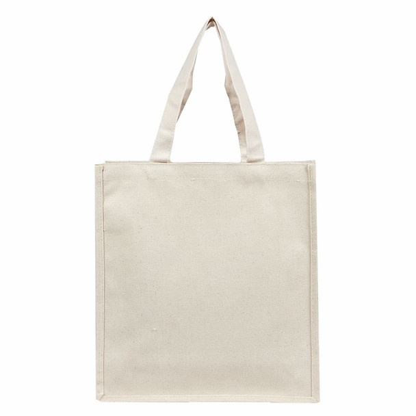 A plain cream canvas tote bag with two straps and a simple design. It features a branding logo.