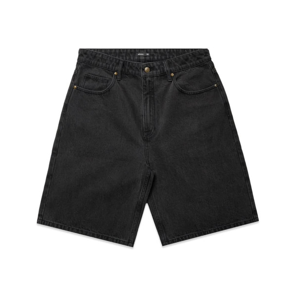 A pair of black denim shorts featuring a button fly, front pockets, and stitched detailing. Includes branding.