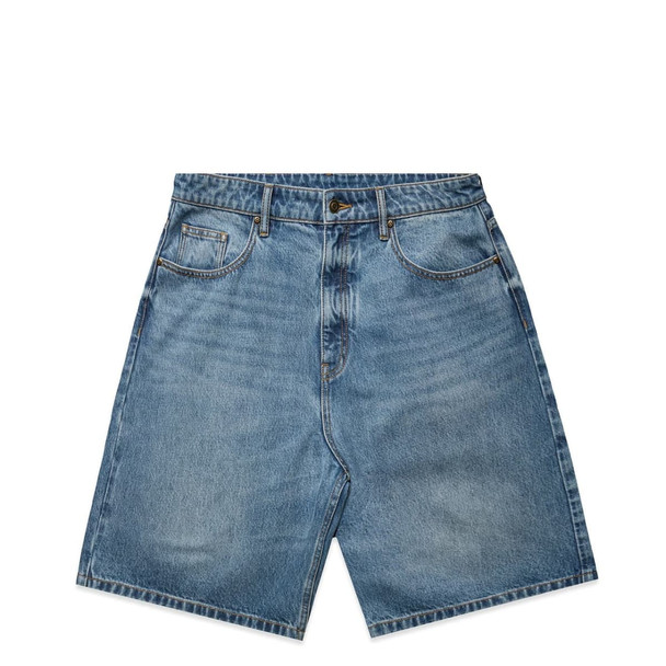 Denim shorts in blue, featuring a relaxed fit and classic five-pocket design, with a branding logo.