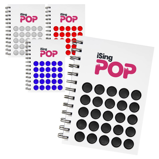 Four Diano Bubble Notebooks featuring coloured bubble designs in red, blue, black, and white with a logo.