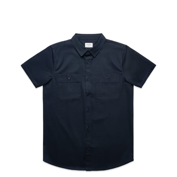 A dark navy short-sleeve work shirt with two front pockets and a collar. The shirt features a logo.