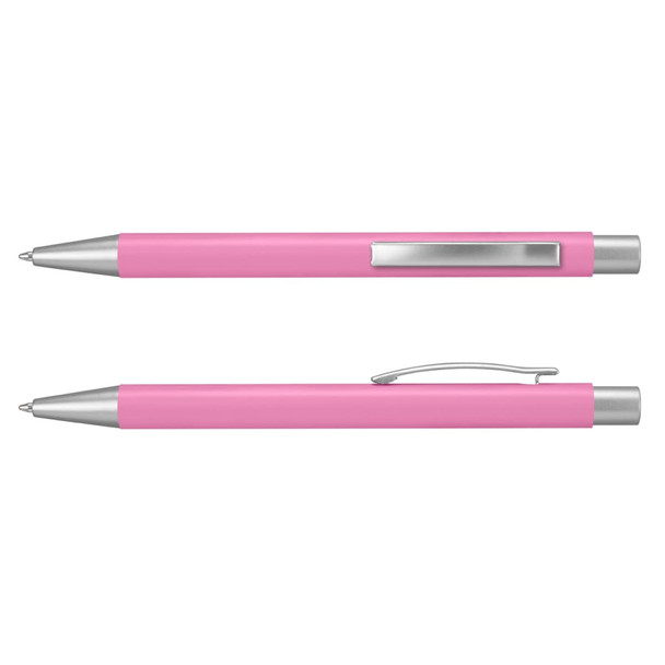 A pink metal pen featuring silver accents and a clip, displayed from two angles. It has a logo on the barrel.