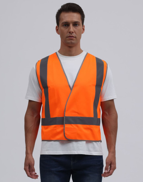 A high-visibility orange safety vest featuring grey reflective stripes. It has a front opening and no sleeves.