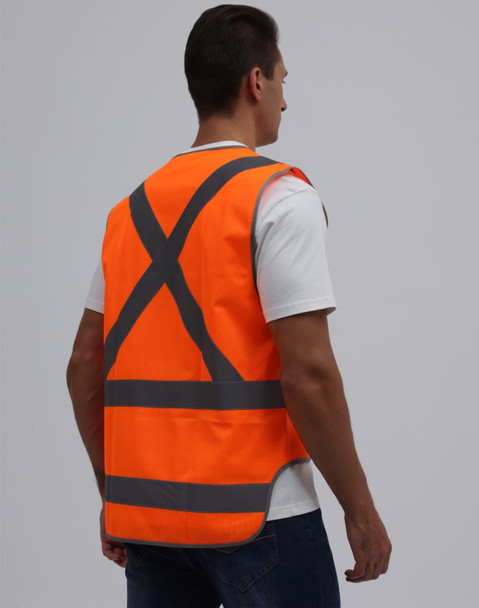 An orange Hi-Vis X Back Safety Vest with grey reflective stripes, displayed on a mannequin from the back.