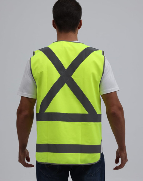 A bright yellow safety vest with reflective grey stripes in an X-back design. Features a plain back and a logo.