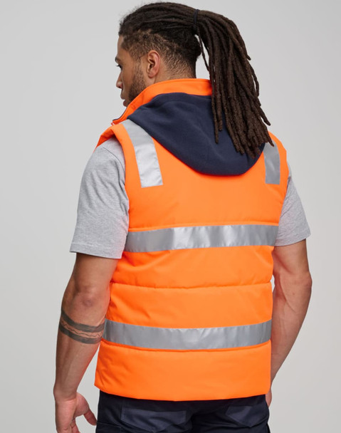 A unisex hi vis hooded puffer vest in orange with reflective stripes, featuring a navy hood and a logo.