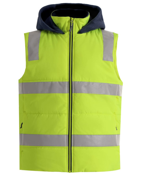 A unisex hi-vis hooded puffer vest in bright yellow with reflective stripes and a navy hood.