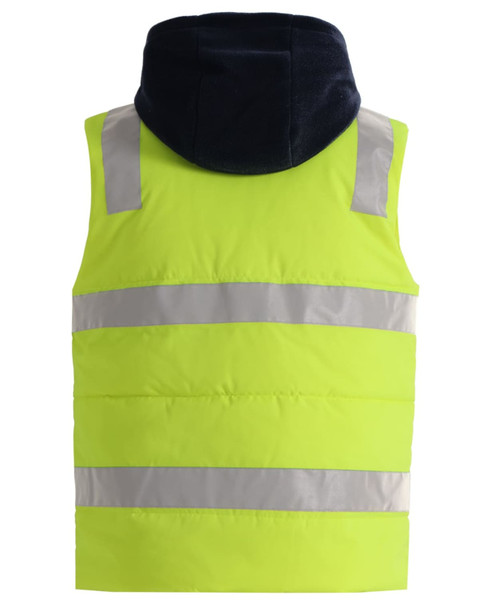 A unisex hi-vis hooded puffer vest in vibrant yellow with reflective stripes and a navy hood. It has a branding logo.