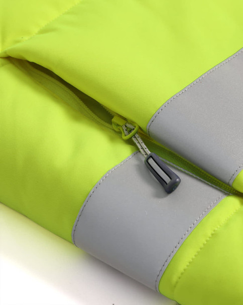 A close-up of a bright yellow unisex hooded puffer vest featuring grey accents and a zipper detail.