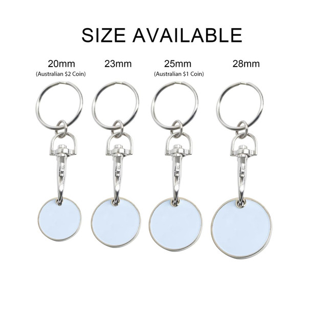 A keyring featuring a printed trolley coin, available in four sizes: 20mm, 23mm, 25mm, and 28mm. Includes a metal clasp.