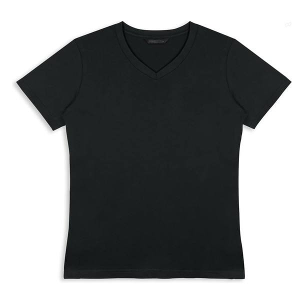 A black women's t-shirt with a v-neck and short sleeves, featuring a logo.