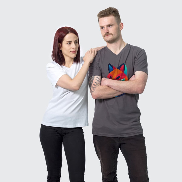 A grey men's T-shirt with a graphic design featuring a fox, worn by a man alongside a woman in a white T-shirt.