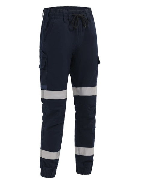 Navy blue cuffed work pants with reflective tape and pockets, featuring an elastic waistband and drawstring.
