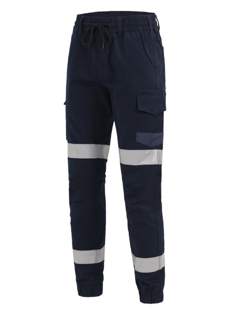 Cotton stretch drill cuffed work pants in navy with reflective tape detailing, featuring cargo pockets and an elastic waist.