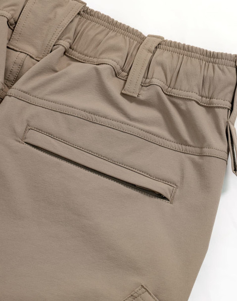 DWR water repellent flexi work pants in light beige with an elastic waistband and side pocket detail.