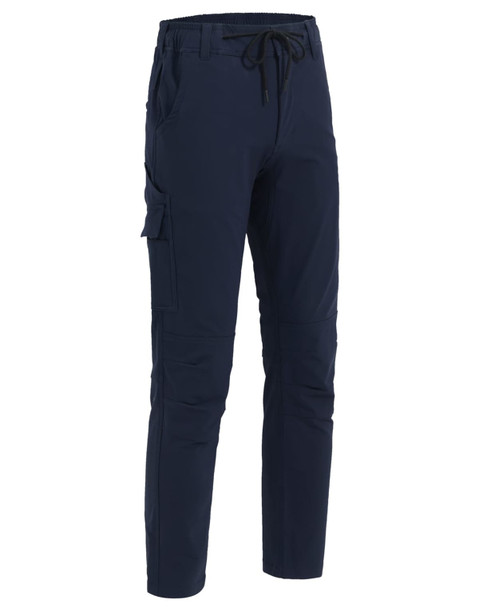 Navy blue DWR water repellent flexi work pants with a drawstring waist and side pockets, featuring branding.