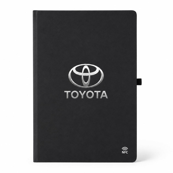 A black A5 smart notebook featuring a logo and an NFC symbol on the bottom.