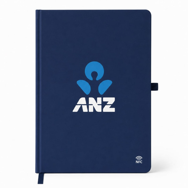 A navy A5 smart notebook with an abstract logo and an NFC feature. It includes an elastic band closure.