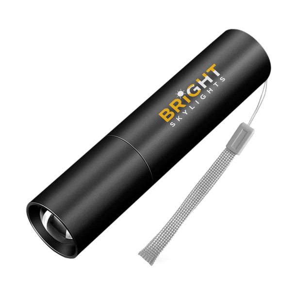 A black torch with a branding logo and a strap for easy carrying.