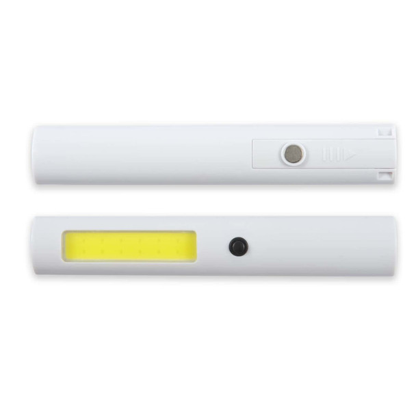 A white Blaze Torch with a cylindrical shape and a yellow light panel. It has a button for operation.