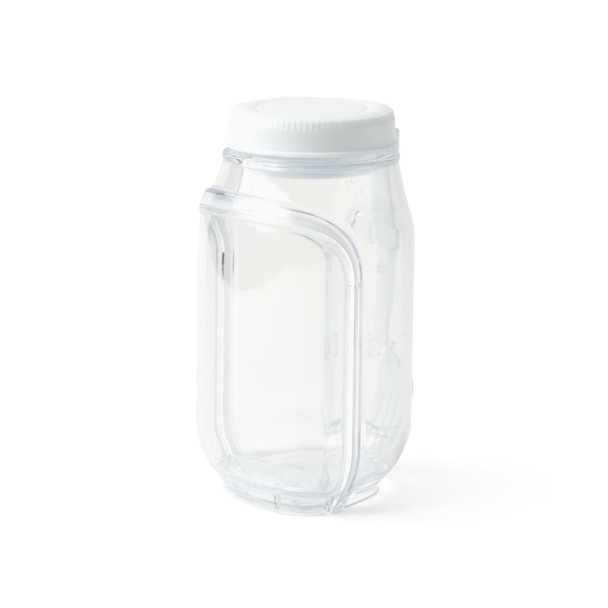 A clear plastic salad jar with a white lid and a unique curved design. It features a logo on the side.
