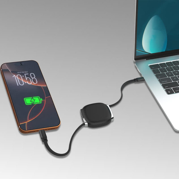 A retractable black charging data cable connected to a phone and laptop, with a compact design.