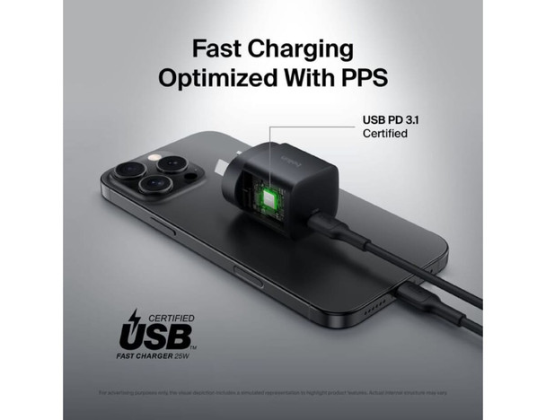 A compact black wall charger with a USB-C cable attached, featuring a small LED indicator and a logo.
