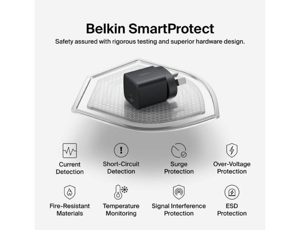 A black wall charger with a compact design, featuring a logo and arranged on a light background.