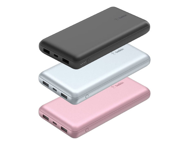 A stack of three power banks in black, silver, and pink, featuring multiple USB ports and a logo.