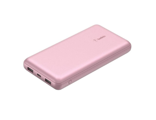 A pink power bank with two USB output ports and a small logo. It features a sleek, minimalist design.