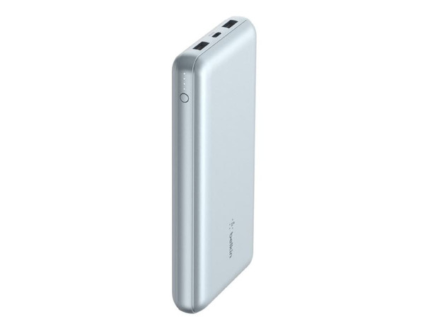 A silver power bank with two USB ports and an indicator light, featuring a simple design and branding.