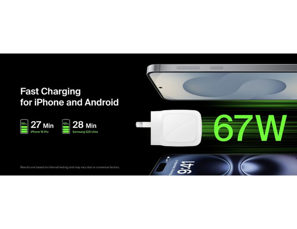 A wall charger in white with dual USB-C ports, designed for fast charging devices, featuring a simple design and a logo.